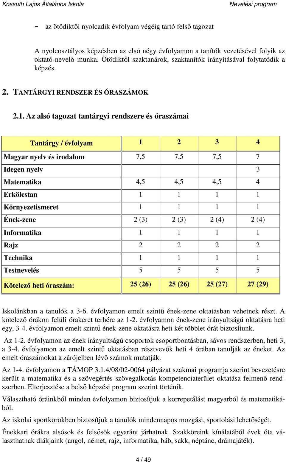 Az alsó tagozat tantárgyi rendszere és óraszámai Tantárgy / évfolyam 1 2 3 4 Magyar nyelv és irodalom 7,5 7,5 7,5 7 Idegen nyelv 3 Matematika 4,5 4,5 4,5 4 Erkölcstan 1 1 1 1 Környezetismeret 1 1 1 1