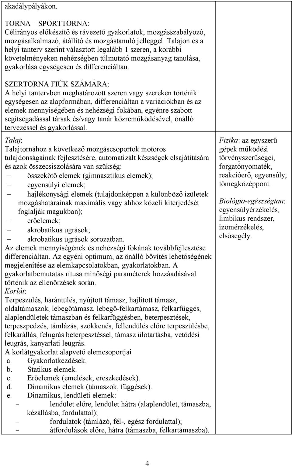 SZERTORNA FIÚK SZÁMÁRA: A helyi tantervben meghatározott szeren vagy szereken történik: egységesen az alapformában, differenciáltan a variációkban és az elemek mennyiségében és nehézségi fokában,