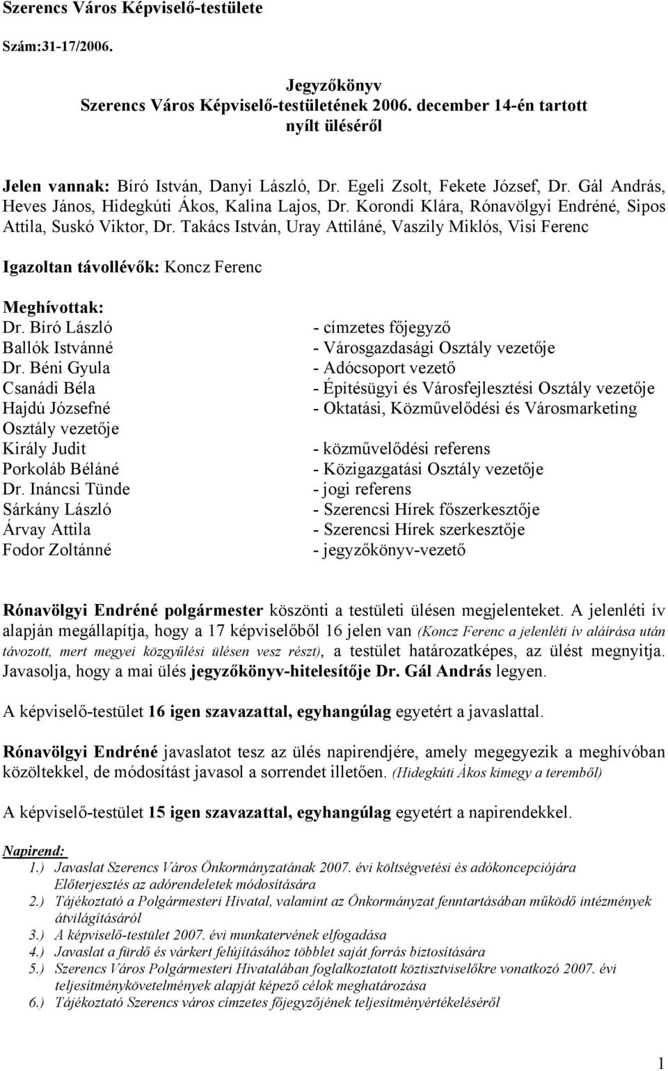 Takács István, Uray Attiláné, Vaszily Miklós, Visi Ferenc Igazoltan távollévők: Koncz Ferenc Meghívottak: Dr. Bíró László Ballók Istvánné Dr.