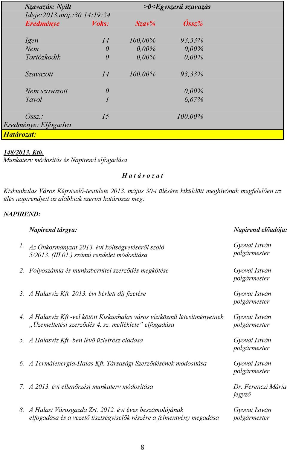 Munkaterv módosítás és Napirend elfogadása H a t á r o z a t Kiskunhalas Város Képviselő-testülete 2013.