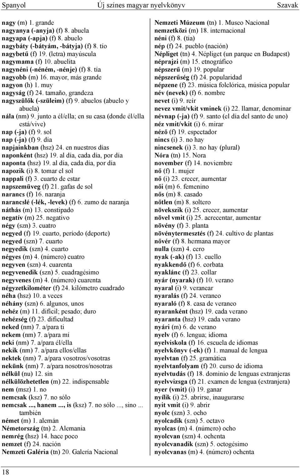 abuelos (abuelo y abuela) nála (nm) 9. junto a él/ella; en su casa (donde él/ella está/vive) nap (-ja) (f) 9. sol nap (-ja) (f) 9. día napjainkban (hsz) 24. en nuestros días naponként (hsz) 19.