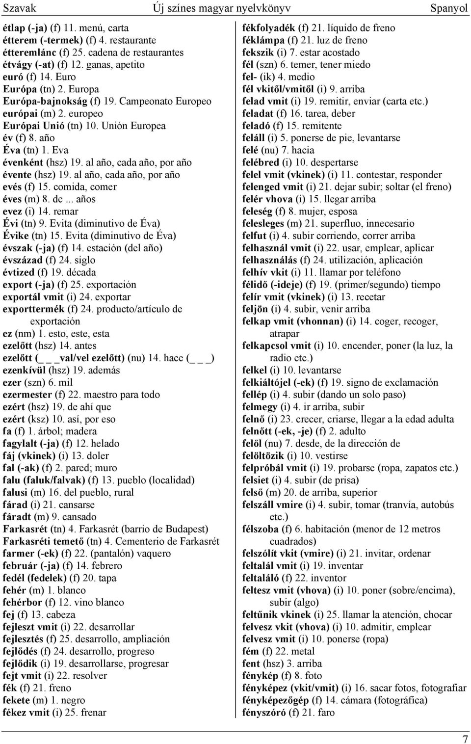 Eva évenként (hsz) 19. al año, cada año, por año évente (hsz) 19. al año, cada año, por año evés (f) 15. comida, comer éves (m) 8. de... años evez (i) 14. remar Évi (tn) 9.