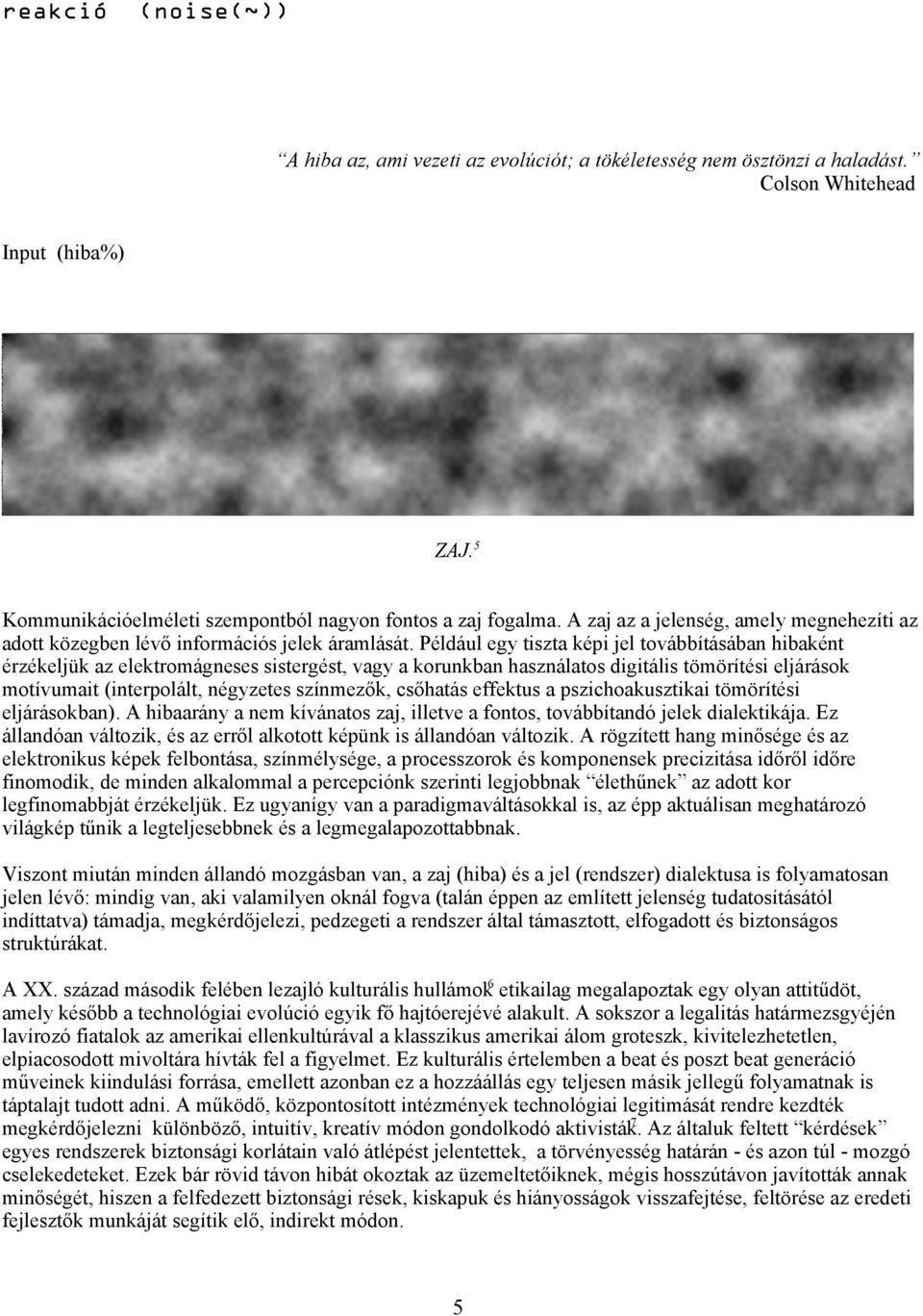 Például egy tiszta képi jel továbbításában hibaként érzékeljük az elektromágneses sistergést, vagy a korunkban használatos digitális tömörítési eljárások motívumait (interpolált, négyzetes színmezők,