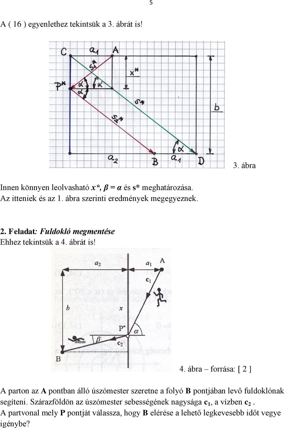 ábrát is! 4. ábra forrása: [ 2 ] A parton az A pontban álló úszómester szeretne a folyó B pontjában levő fuldoklónak segíteni.