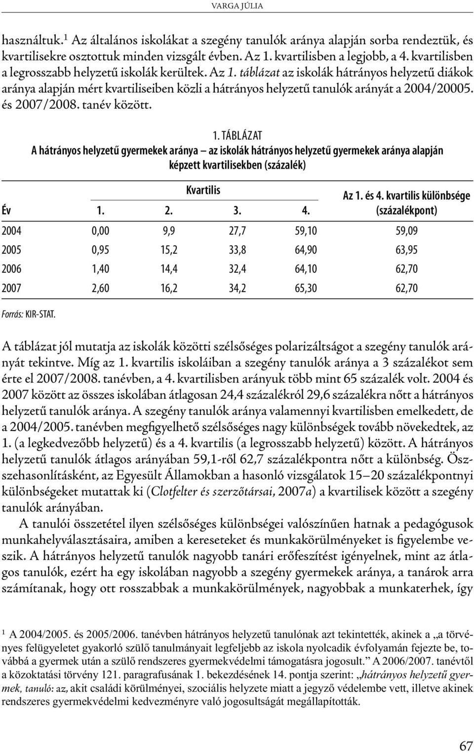 és /2008. tanév között. 1. TÁBLÁZAT A hátrányos helyzetű gyermekek aránya az iskolák hátrányos helyzetű gyermekek aránya alapján képzett kvartilisekben (százalék) Kvartilis Az 1. és 4.