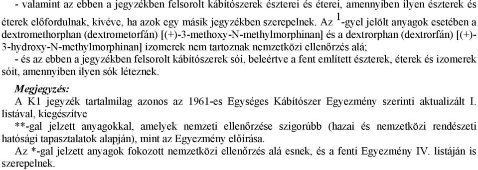 nemzetközi ellenőrzés alá; - és az ebben a jegyzékben felsorolt kábítószerek sói, beleértve a fent említett észterek, éterek és izomerek sóit, amennyiben ilyen sók léteznek.