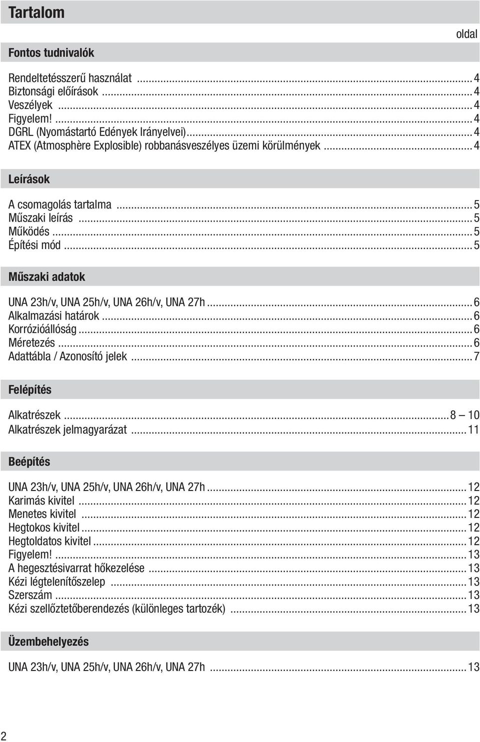 ..5 Műszaki adatok UNA 23h/v, UNA 25h/v, UNA 26h/v, UNA 27h...6 Alkalmazási határok...6 Korrózióállóság...6 Méretezés...6 Adattábla / Azonosító jelek...7 Felépítés Alkatrészek.