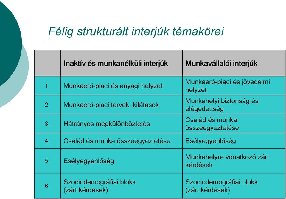 Hátrányos megkülönböztetés Munkavállalói interjúk Munkaerő-piaci és jövedelmi helyzet Munkahelyi biztonság és elégedettség