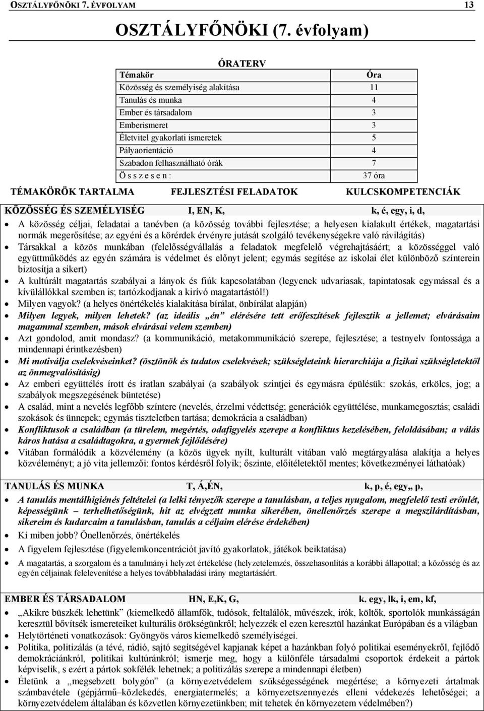 órák 7 Ö s s z e s e n : 37 óra TÉMAKÖRÖK TARTALMA FEJLESZTÉSI FELADATOK KULCSKOMPETENCIÁK KÖZÖSSÉG ÉS SZEMÉLYISÉG I, EN, K, k, é, egy, i, d, A közösség céljai, feladatai a tanévben (a közösség