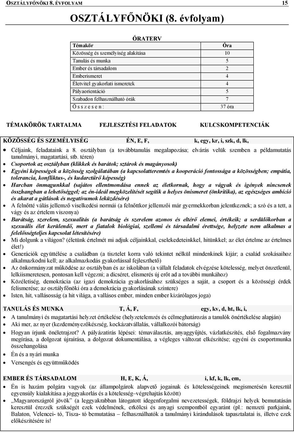 órák 7 Ö s s z e s e n : 37 óra TÉMAKÖRÖK TARTALMA FEJLESZTÉSI FELADATOK KULCSKOMPETENCIÁK KÖZÖSSÉG ÉS SZEMÉLYISÉG ÉN, E, F, k, egy, kr, i, szk, d, lk, Céljaink, feladataink a 8.