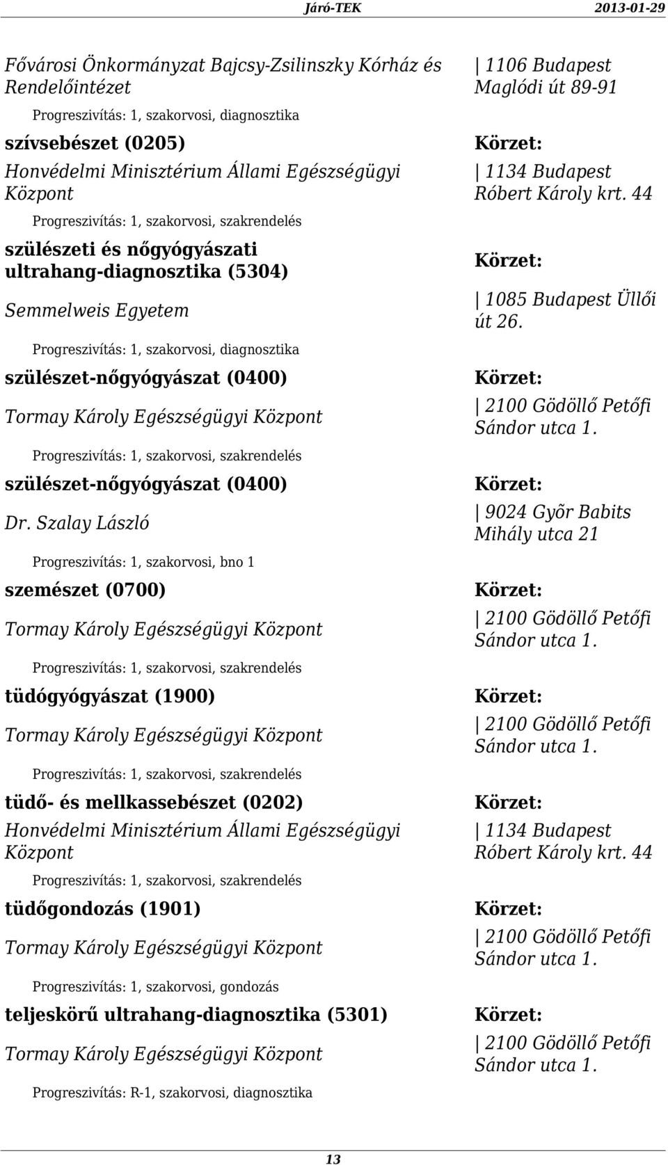 Szalay László Progreszivítás: 1, szakorvosi, bno 1 szemészet (0700) tüdógyógyászat (1900) tüdő- és mellkassebészet (0202) Honvédelmi Minisztérium Állami Egészségügyi Központ