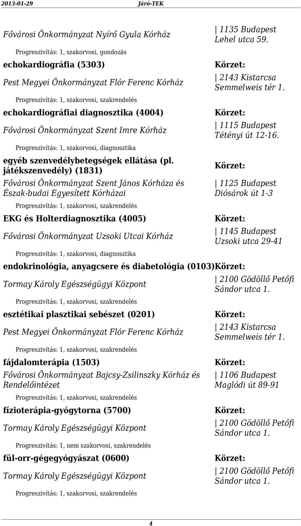 játékszenvedély) (1831) Fővárosi Önkormányzat Szent János Kórháza és Észak-budai Egyesített Kórházai EKG és Holterdiagnosztika (4005) Fővárosi Önkormányzat Uzsoki Utcai Kórház 1135 Budapest Lehel