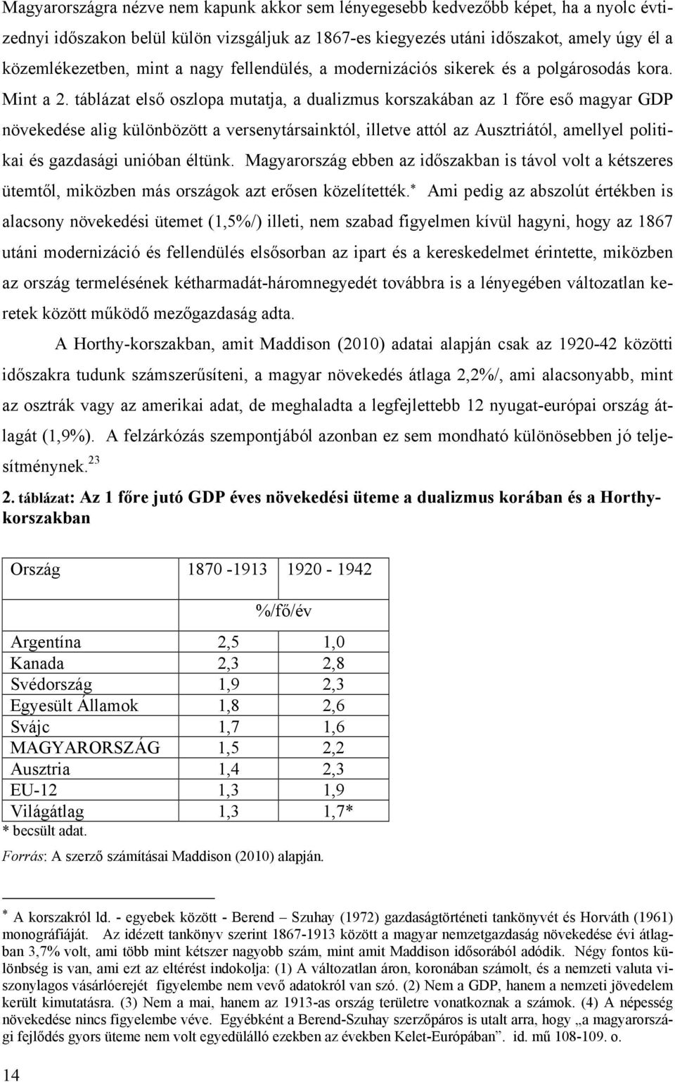 táblázat elsı oszlopa mutatja, a dualizmus korszakában az 1 fıre esı magyar GDP növekedése alig különbözött a versenytársainktól, illetve attól az Ausztriától, amellyel politikai és gazdasági unióban