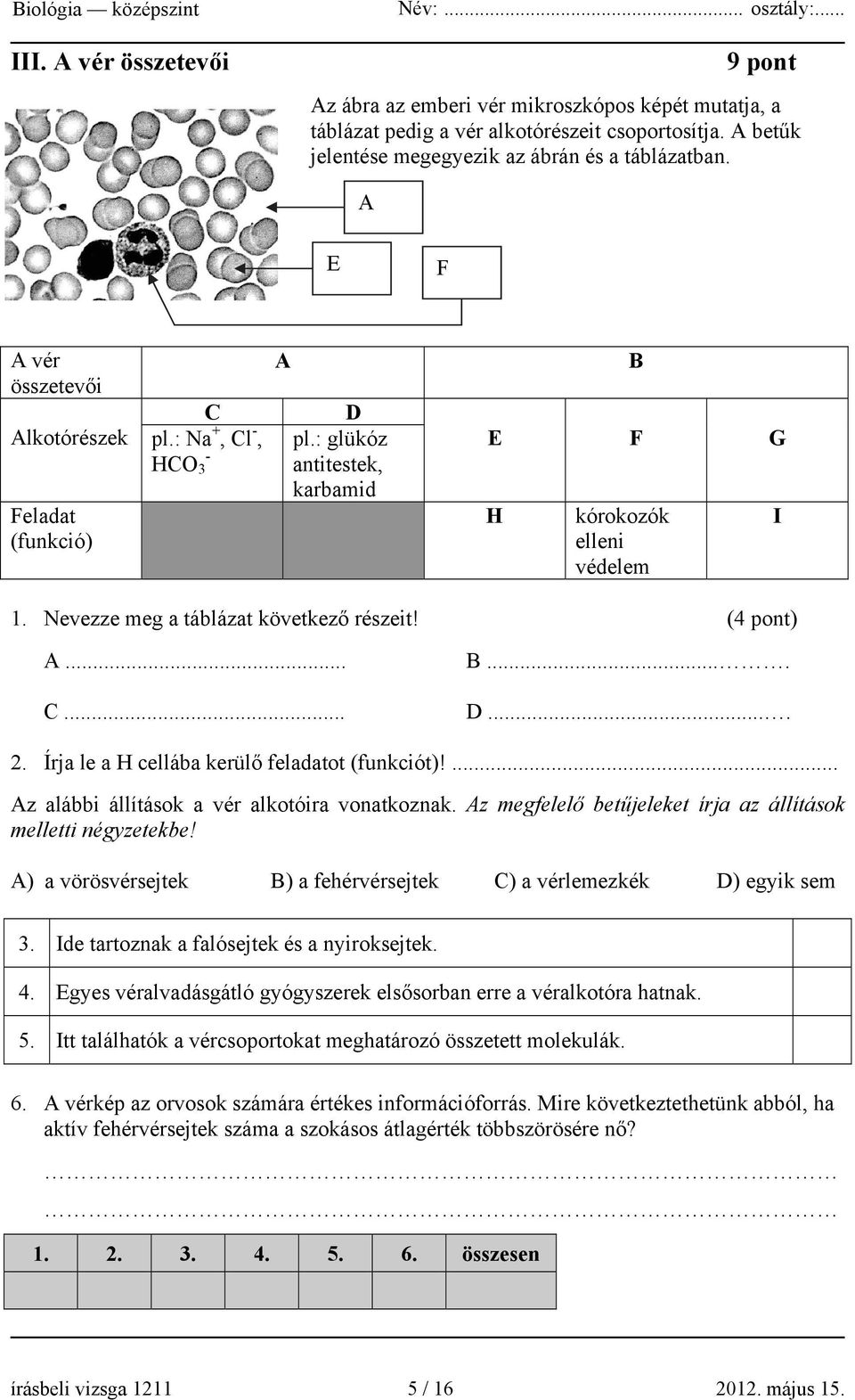 (4 pont) A... C... B.... D.... 2. Írja le a H cellába kerülő feladatot (funkciót)!... Az alábbi állítások a vér alkotóira vonatkoznak. Az megfelelő betűjeleket írja az állítások melletti négyzetekbe!