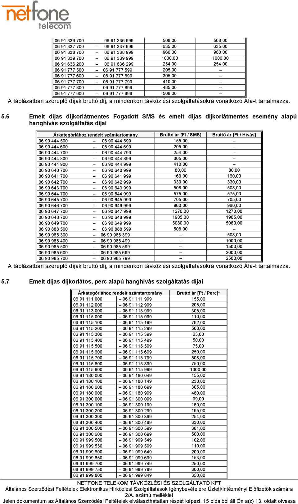 táblázatban szereplő díjak bruttó díj, a mindenkori távközlési szolgáltatásokra vonatkozó Áfa-t tartalmazza. 5.