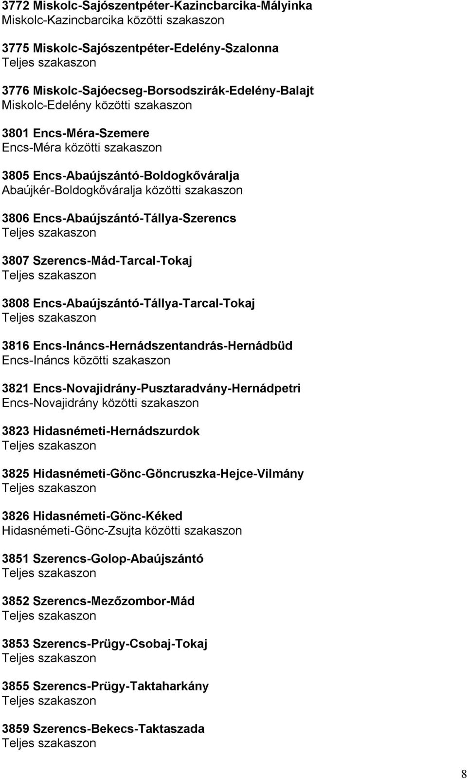 Encs-Abaújszántó-Tállya-Szerencs Szerencs-Mád-Tarcal-Tokaj közötti szakaszon 3808 Teljes 3816 Encs-Ináncs 3821 Encs-Abaújszántó-Tállya-Tarcal-Tokaj Encs-Ináncs-Hernádszentandrás-Hernádbüd szakaszon