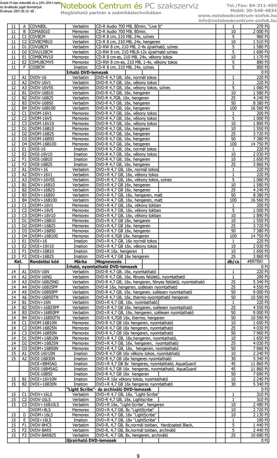 11 E1 CDM8CMV10 Memorex CD-R 8 cm-es, 210 MB, 24x, vékony tokos 10 1 17 11 E2 CDMU8CMV5 Memorex CD-RW 8 cm-es, 210 MB, 1-4x, vékony tokos 5 89 11 F CDI8CM Imation CD-R 8 cm, 210 MB, 24x, színes 5 85