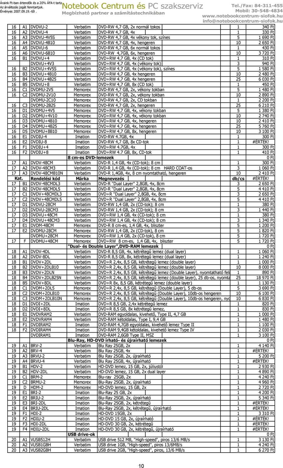 GB, 4x (CD tok) 1 31 DVDVU+4V3 Verbatim DVD+RW 4,7 GB, 4x (vékony tok) 3 94 16 B2 DVDVU+4V5S Verbatim DVD+RW 4,7 GB, 4x (vékony tok), színes 5 1 58 16 B3 DVDVU+4B10 Verbatim DVD+RW 4,7 GB, 4x