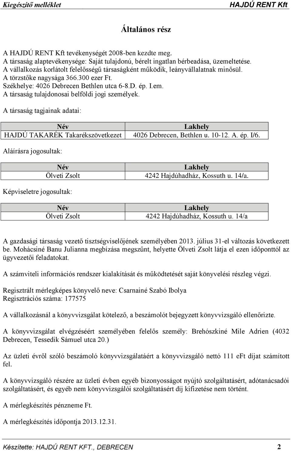 A társaság tulajdonosai belföldi jogi személyek. A társaság tagjainak adatai: Név HAJDÚ TAKARÉK Takarékszövetkezet Lakhely 4026 Debrecen, Bethlen u. 10-12. A. ép. I/6.