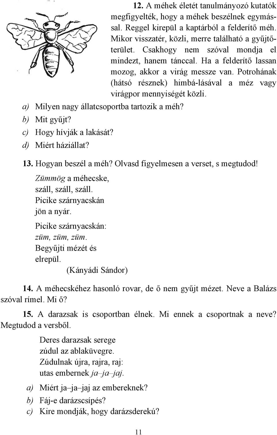 a) Milyen nagy állatcsoportba tartozik a méh? b) Mit gyűjt? c) Hogy hívják a lakását? d) Miért háziállat? 13. Hogyan beszél a méh? Olvasd figyelmesen a verset, s megtudod!