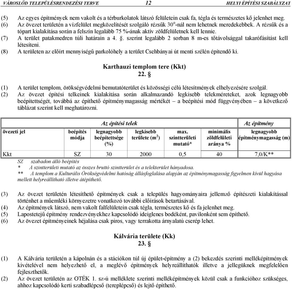 A rézsűk és a tópart kialakítása során a felszín legalább 75 %-ának aktív zöldfelületnek kell lennie. (7) A terület patakmedren túli határain a 4.