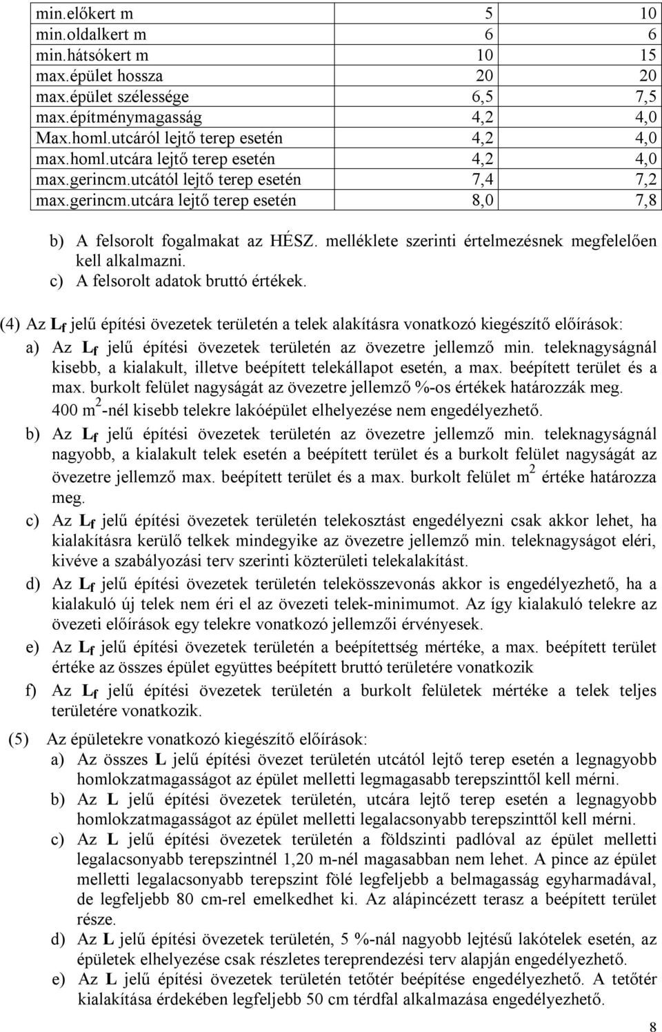 c) A felsorolt adatok bruttó értékek. (4) Az L f jelű építési övezetek területén a telek alakításra vonatkozó kiegészítő előírások: a) Az L f jelű építési övezetek területén az övezetre jellemző min.