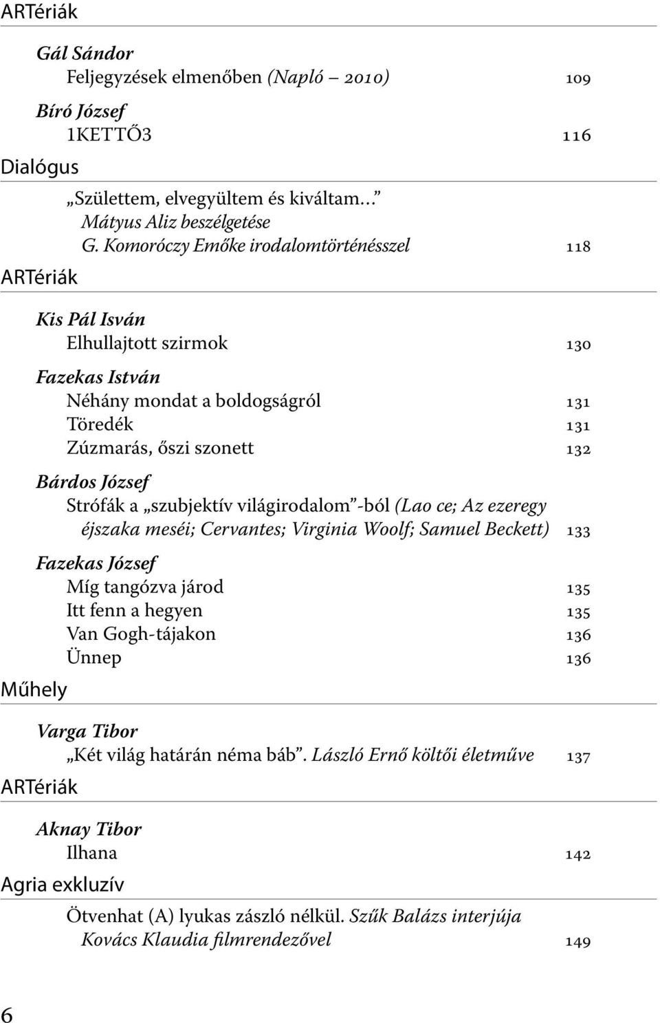 szubjektív világirodalom -ból (Lao ce; Az ezeregy éjszaka meséi; Cervantes; Virginia Woolf; Samuel Beckett) 133 Fazekas József Míg tangózva járod 135 Itt fenn a hegyen 135 Van Gogh-tájakon 136