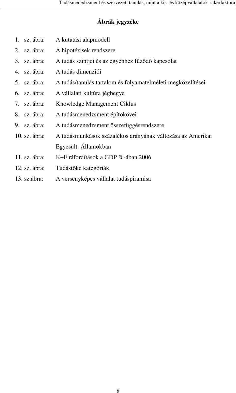 sz. ábra: A tudásmenedzsment összefüggésrendszere 10. sz. ábra: A tudásmunkások százalékos arányának változása az Amerikai Egyesült Államokban 11. sz. ábra: K+F ráfordítások a GDP %-ában 2006 12.