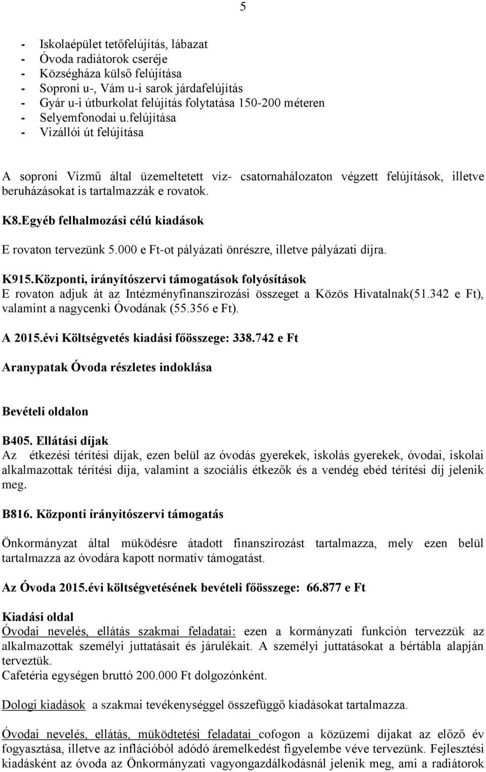 Egyéb felhalmozási célú kiadások E rovaton tervezünk 5.000 e Ft-ot pályázati önrészre, illetve pályázati díjra. K915.