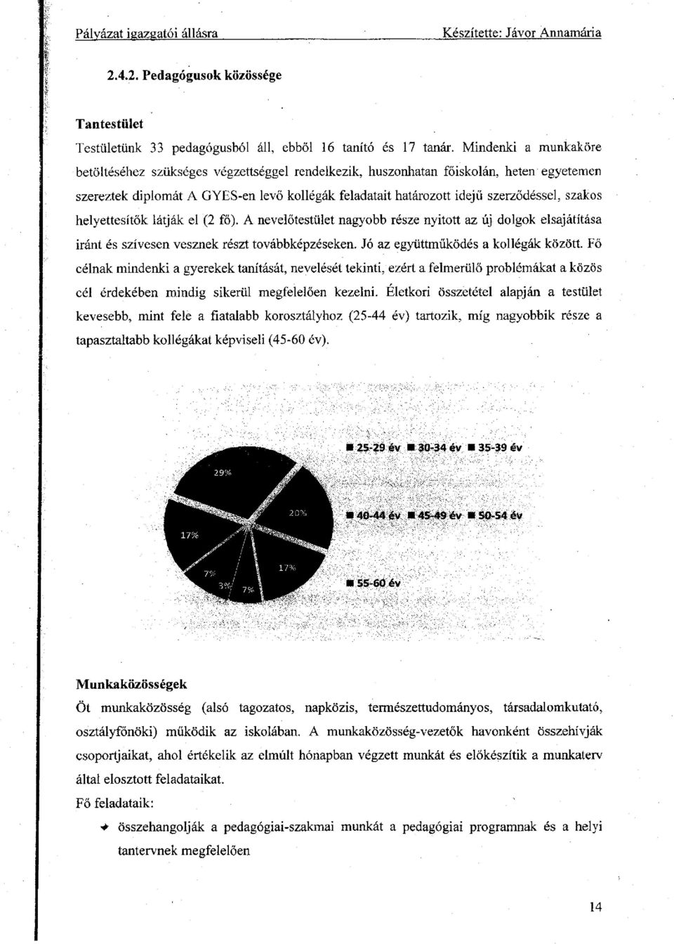 szakos helyettesítők látják el (2 fő). A nevelőtestület nagyobb része nyitott az új dolgok elsajátítása iránt és szívesen vesznek részt továbbképzéseken. Jó az együttműködés a kollégák között.