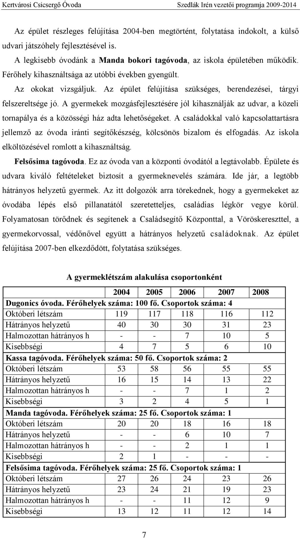 A gyermekek mozgásfejlesztésére jól kihasználják az udvar, a közeli tornapálya és a közösségi ház adta lehetőségeket.