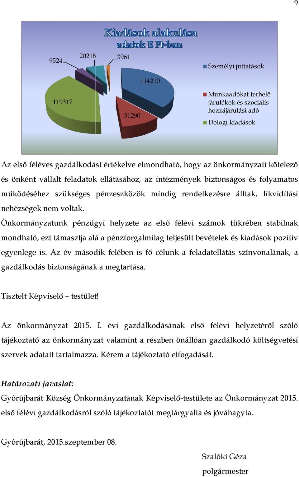 voltak. Önkormányzatunk pénzügyi helyzete az első félévi számok tükrében stabilnak mondható, ezt támasztja alá a pénzforgalmilag teljesült bevételek és kiadások pozitív egyenlege is.