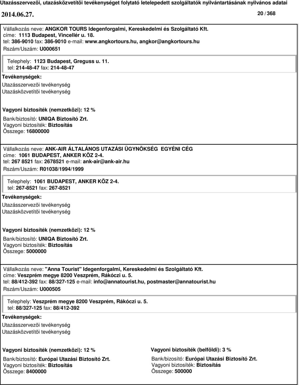 Összege: 16800000 Vállalkozás neve: ANK-AIR ÁLTALÁNOS UTAZÁSI ÜGYNÖKSÉG EGYÉNI CÉG címe: 1061 BUDAPEST, ANKER KÖZ 2-4. tel: 267 8521 fax: 2678521 e-mail: ank-air@ank-air.