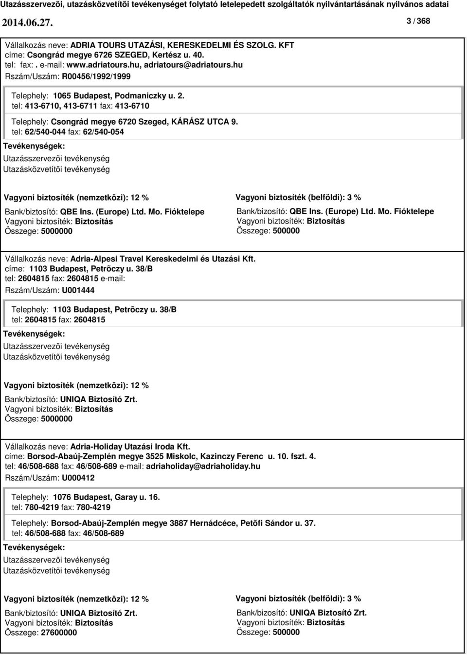 tel: 62/540-044 fax: 62/540-054 0 Vállalkozás neve: Adria-Alpesi Travel Kereskedelmi és Utazási Kft. címe: 1103 Budapest, Petrõczy u.