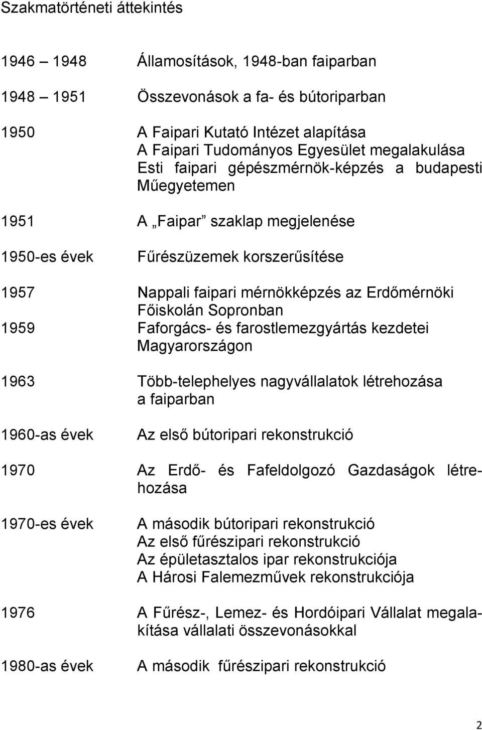 Sopronban 1959 Faforgács- és farostlemezgyártás kezdetei Magyarországon 1963 Több-telephelyes nagyvállalatok létrehozása a faiparban 1960-as évek Az első bútoripari rekonstrukció 1970 Az Erdő- és