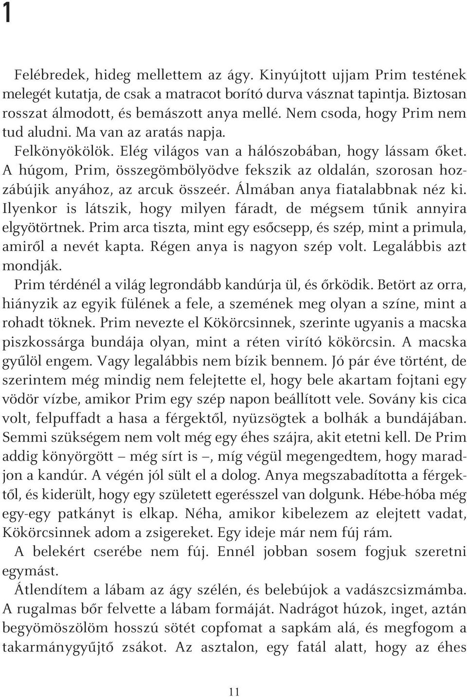 A húgom, Prim, összegömbölyödve fekszik az oldalán, szorosan hozzábújik anyához, az arcuk összeér. Álmában anya fiatalabbnak néz ki.