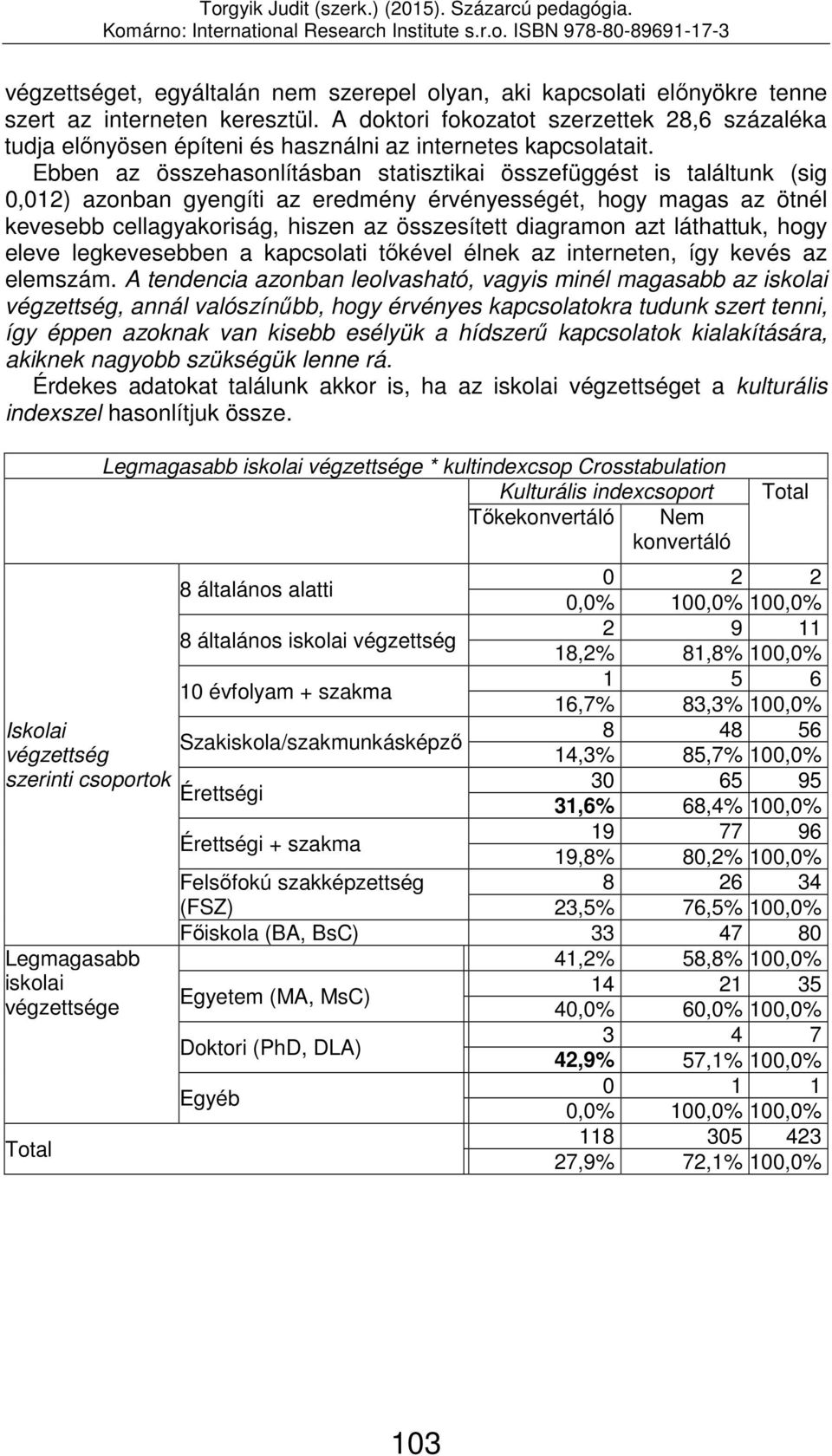 Ebben az összehasonlításban statisztikai összefüggést is találtunk (sig 0,012) azonban gyengíti az eredmény érvényességét, hogy magas az ötnél kevesebb cellagyakoriság, hiszen az összesített