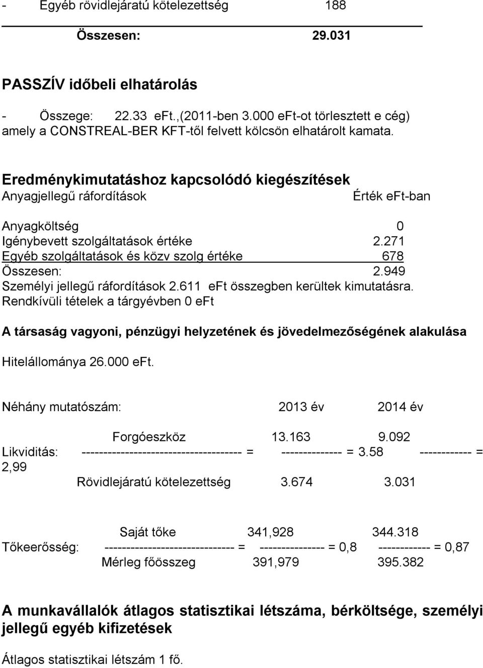 Eredménykimutatáshoz kapcsolódó kiegészítések Anyagjellegű ráfordítások Érték eft-ban Anyagköltség 0 Igénybevett szolgáltatások értéke 2.271 Egyéb szolgáltatások és közv szolg értéke 678 Összesen: 2.