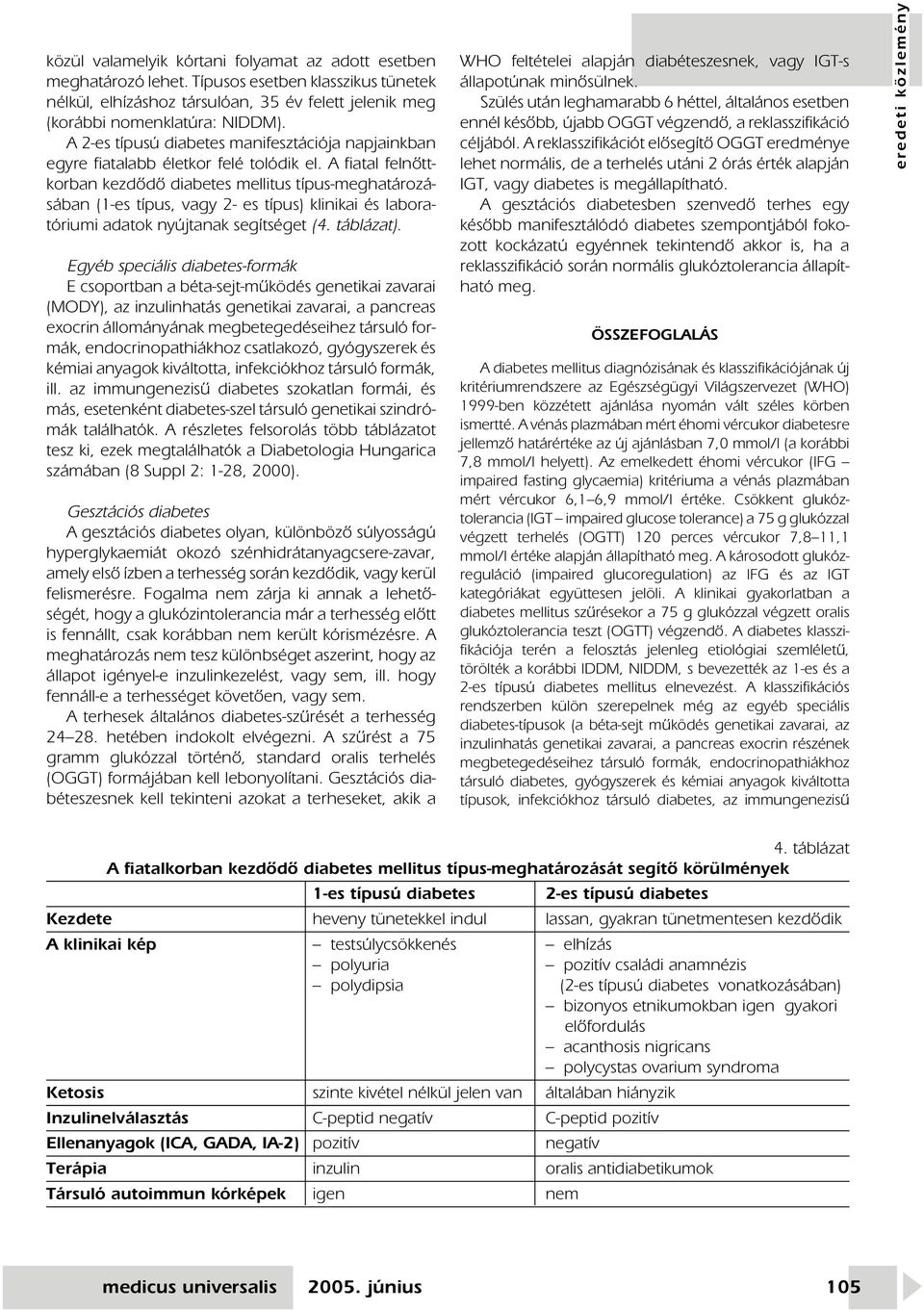 A fiatal felnôttkorban kezdôdô diabetes mellitus típus-meghatározásában (1-es típus, vagy 2- es típus) klinikai és laboratóriumi adatok nyújtanak segítséget (4. táblázat).