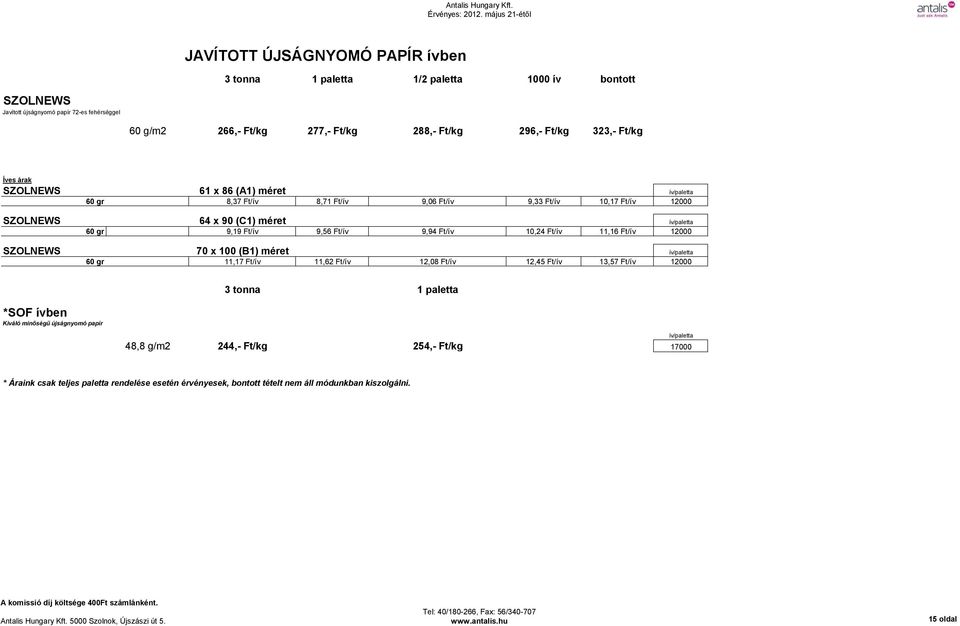11,16 Ft/ív 12000 SZOLNEWS 70 x 100 (B1) méret ív/paletta 60 gr 11,17 Ft/ív 11,62 Ft/ív 12,08 Ft/ív 12,45 Ft/ív 13,57 Ft/ív 12000 3 tonna 1 paletta *SOF ívben Kiváló minőségű