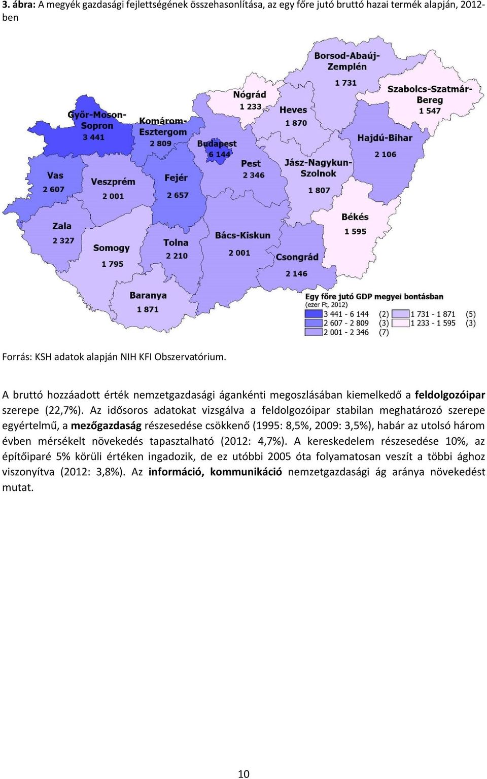 Az idősoros adatokat vizsgálva a feldolgozóipar stabilan meghatározó szerepe egyértelmű, a mezőgazdaság részesedése csökkenő (1995: 8,5%, 2009: 3,5%), habár az utolsó három évben