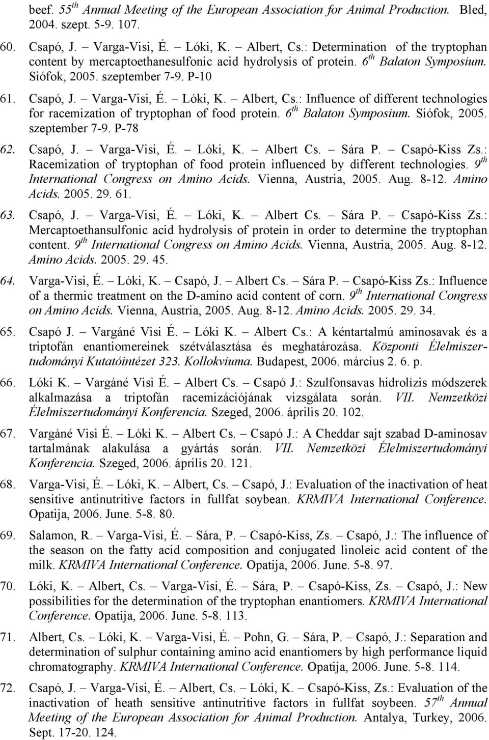 Albert, Cs.: Influence of different technologies for racemization of tryptophan of food protein. 6 th Balaton Symposium. Siófok, 2005. szeptember 7-9. P-78 62. Csapó, J. Varga-Visi, É. Lóki, K.