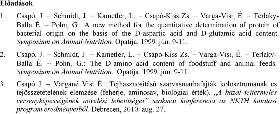 9-11. 2. Csapó, J. Schmidt, J. Kametler, L. Csapó-Kiss Zs. Varga-Visi, É. Terlaky- Balla É. Pohn, G.: The D-amino acid content of foodstuff and animal feeds. Symposium on Animal Nutrition.