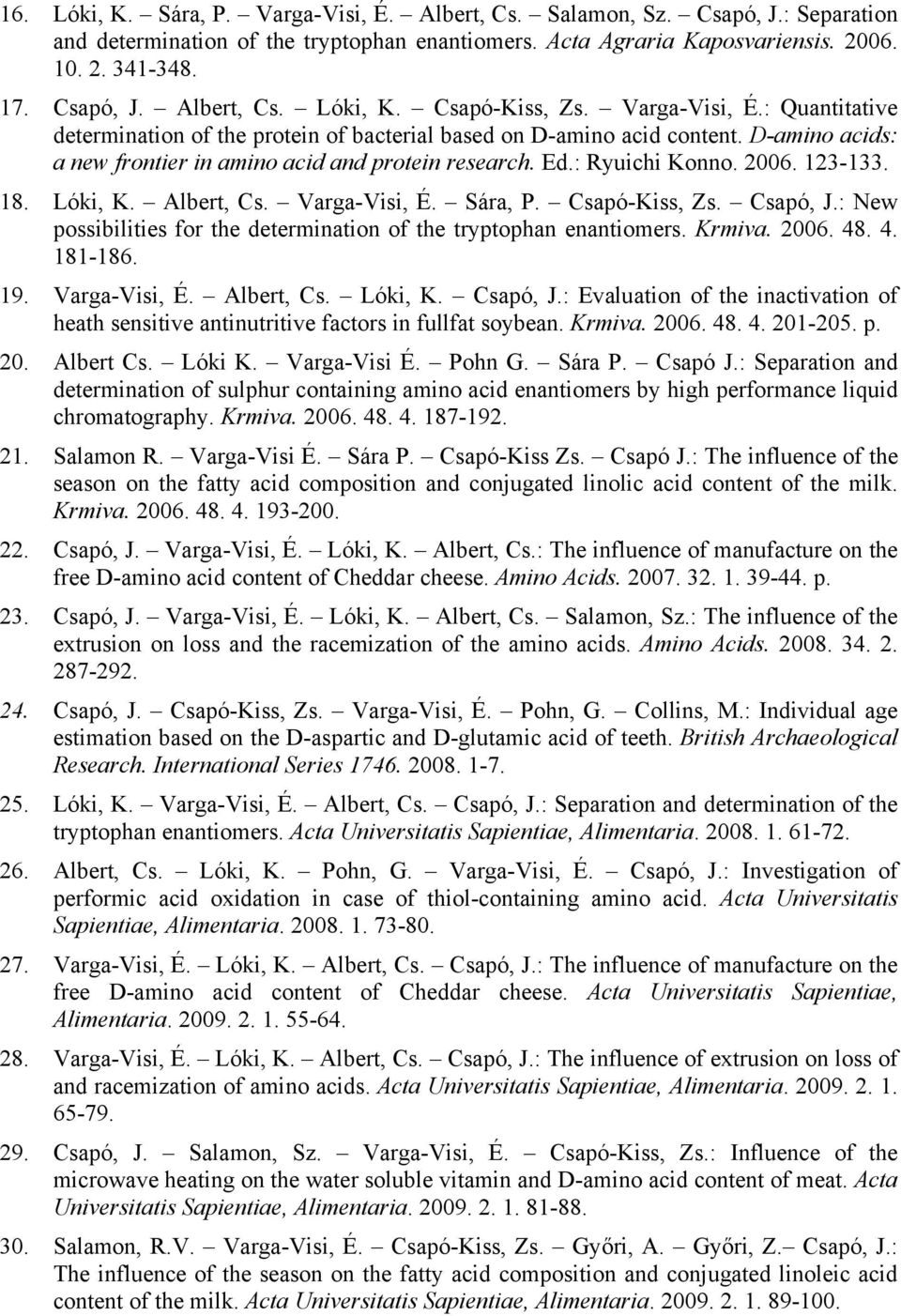 123-133. 18. Lóki, K. Albert, Cs. Varga-Visi, É. Sára, P. Csapó-Kiss, Zs. Csapó, J.: New possibilities for the determination of the tryptophan enantiomers. Krmiva. 2006. 48. 4. 181-186. 19.