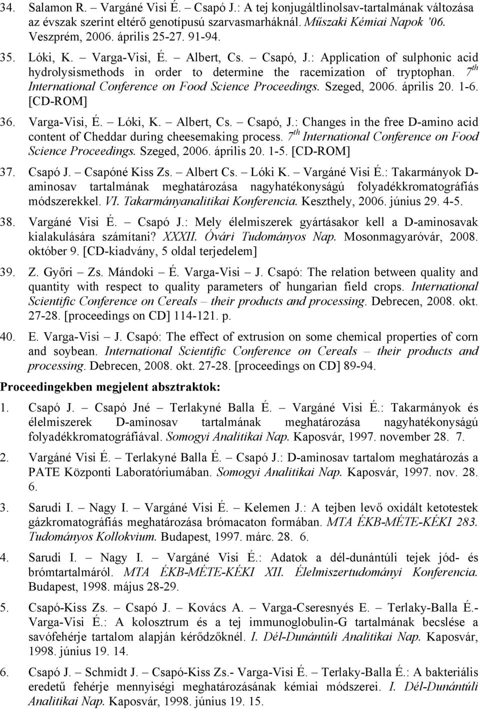 7 th International Conference on Food Science Proceedings. Szeged, 2006. április 20. 1-6. [CD-ROM] 36. Varga-Visi, É. Lóki, K. Albert, Cs. Csapó, J.