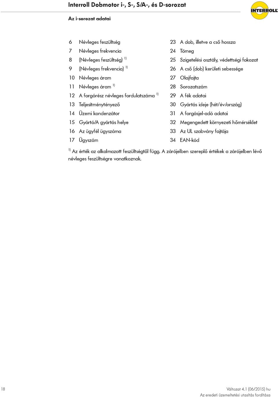 Teljesítménytényező 30 Gyártás ideje (hét/év/ország) 14 Üzemi kondenzátor 31 A forgásjel-adó adatai 15 Gyártó/A gyártás helye 32 Megengedett környezeti hőmérséklet 16 Az ügyfél ügyszáma