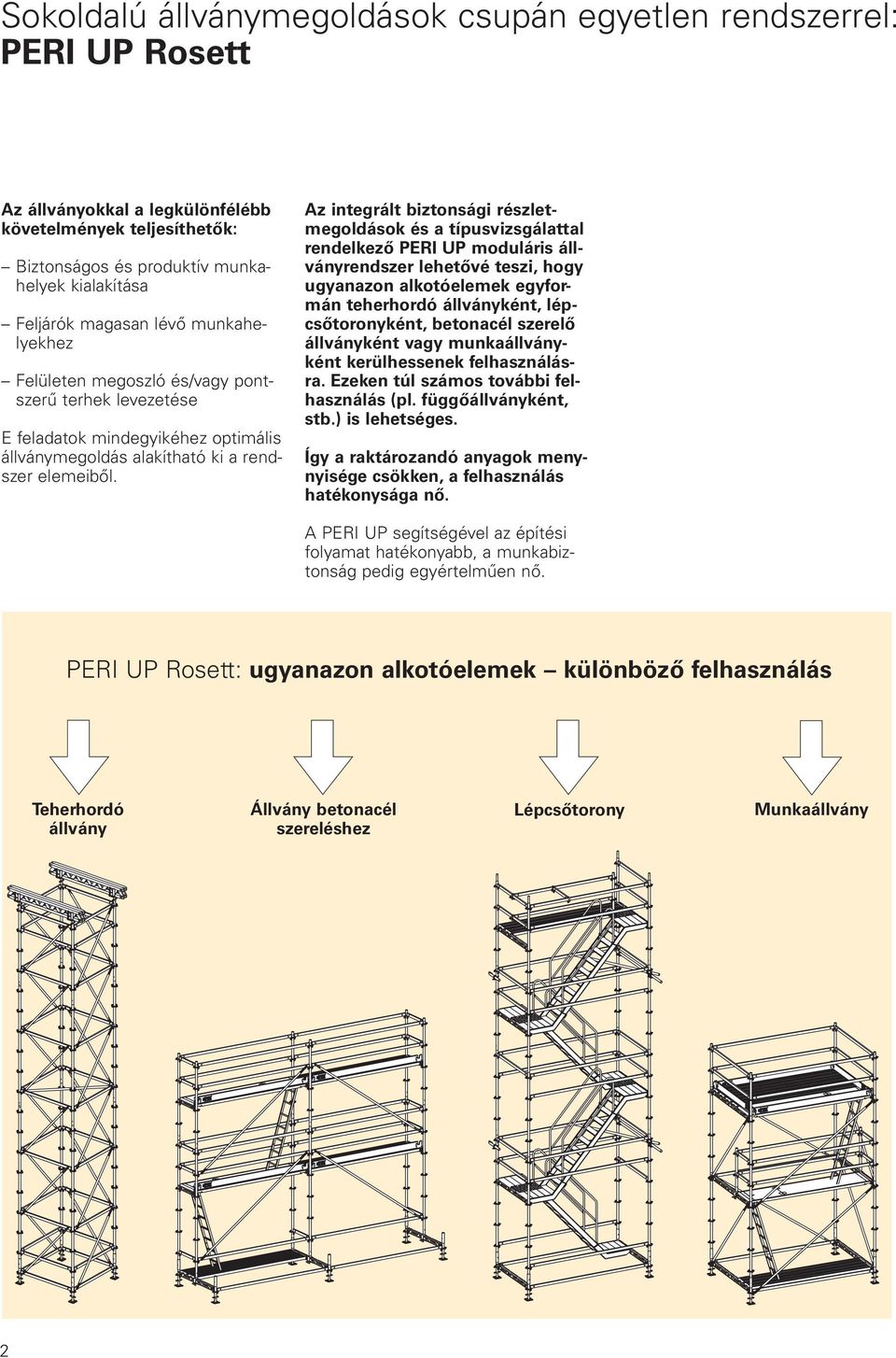 Az integrált biztonsági részletmegoldások és a típusvizsgálattal rendelkező PERI UP moduláris állványrendszer lehetővé teszi, hogy ugyanazon alkotóelemek egyformán teherhordó állványként,