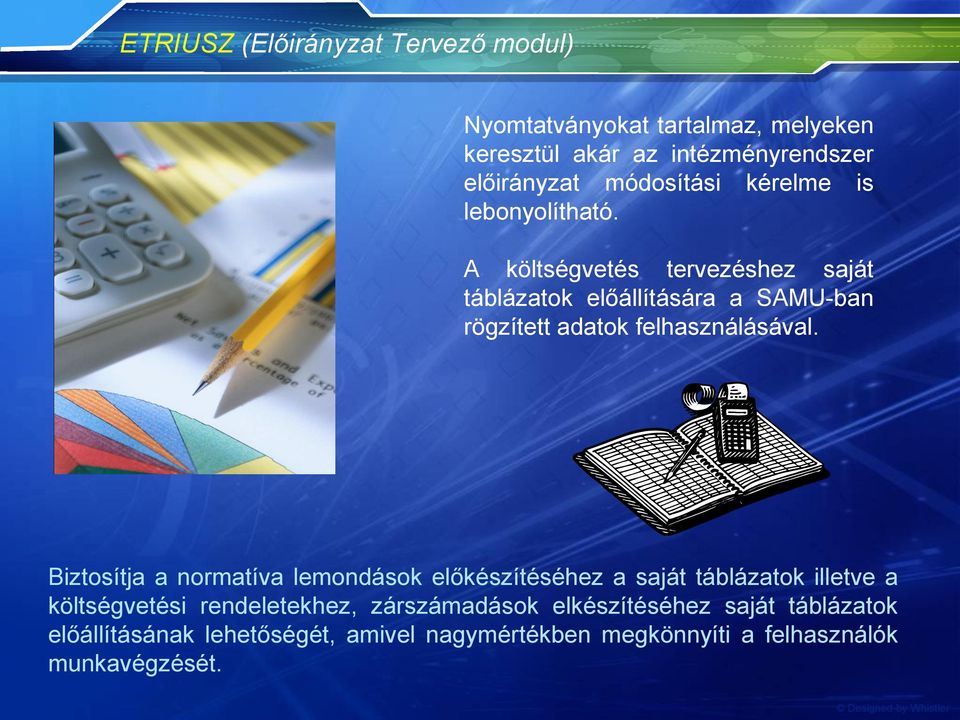 A költségvetés tervezéshez saját táblázatok előállítására a SAMU-ban rögzített adatok felhasználásával.