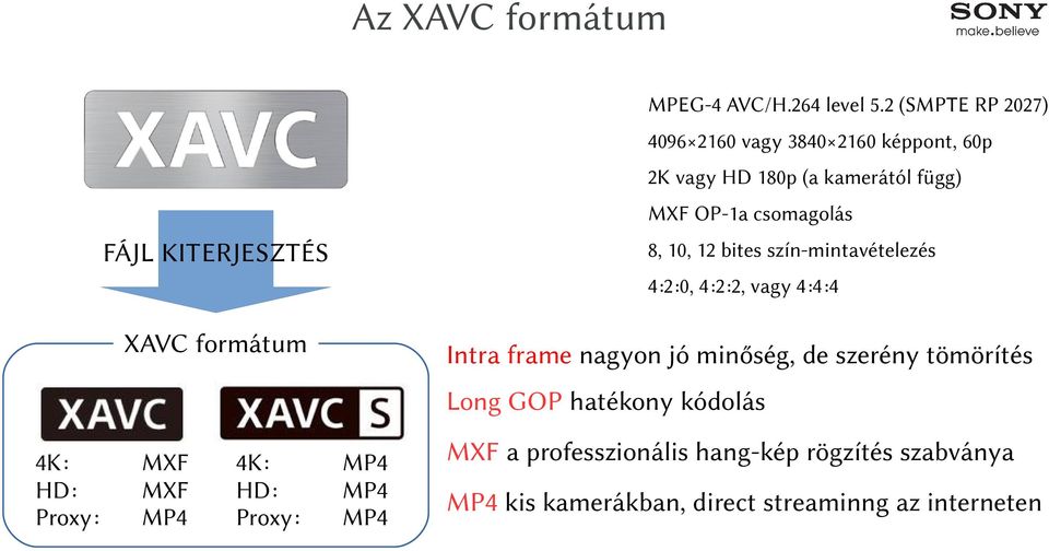 KITERJESZTÉS 8, 10, 12 bites szín-mintavételezés 4:2:0, 4:2:2, vagy 4:4:4 formátum Intra frame nagyon jó minőség, de