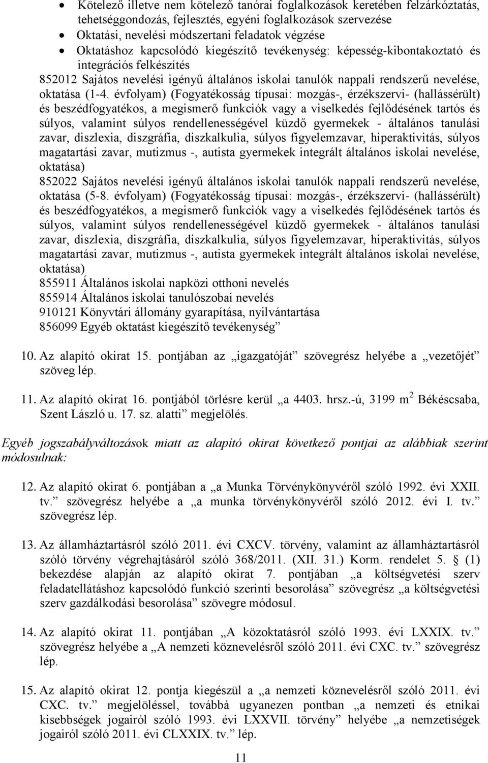 évfolyam) (Fogyatékosság típusai: mozgás-, érzékszervi- (hallássérült) és beszédfogyatékos, a megismerő funkciók vagy a viselkedés fejlődésének tartós és súlyos, valamint súlyos rendellenességével